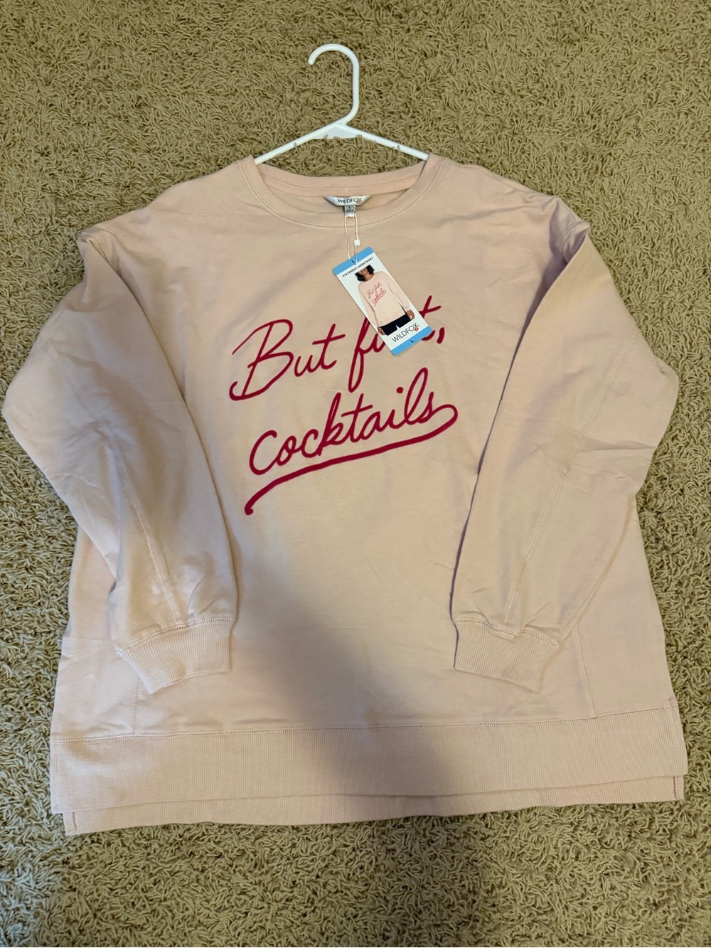 Wildfox Pink Crewneck with Red Script 'But First, Cocktails'
